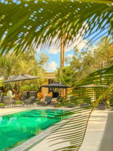 a pool with chairs and umbrellas next to a house at Villa Mano in Marrakesh