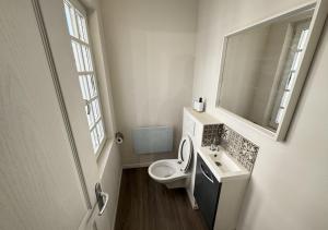 a bathroom with a toilet and a sink and a mirror at Duplex Royal Château Compiègne in Compiègne