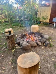 a fire pit with logs and two stools at Dom nad Saskiem 3 sypialnie, jacuzzi-relaks, natura i komfort in Linowo