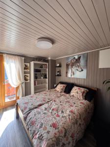 a bedroom with a bed with a wolf picture on the wall at La Rose d Eva in Saint-Martin
