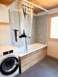 a washing machine in a bathroom with a tub at La Rose d Eva in Saint-Martin