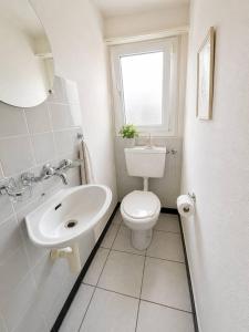 a white bathroom with a toilet and a sink at 3Br Topview Interlaken Mountain View Apartment in Unterseen +11 photos