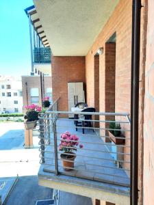 ein Balkon mit Topfblumen an einem Gebäude in der Unterkunft La trifula bianca apts. in Alba