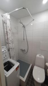 a bathroom with a shower with a toilet and a sink at Mini apartment for one person in Tallinn