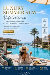 a poster for a hotel with a woman sitting in a chair at a pool at Apartment at Vida Marina Marassi, North Coast in El Alamein