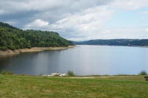 a view of a large lake with a grass field at Camping Les Aubazines in Bort-les-Orgues