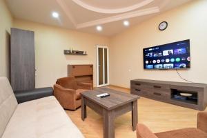 a living room with a couch and a tv at The Best Apartment in Yerevan +7 photos