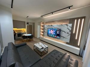 a living room with a couch and a flat screen tv at Belgrade Waterfront Sole in Sajmište