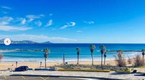 a view of a beach with palm trees and the ocean at Studio entre Mer et Lagune in Saint-Aygulf