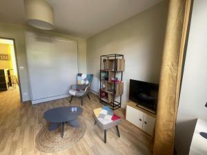 a living room with a tv and a chair and a table at Studio charmant avec terrasse privée in Oradour-sur-Glane +6 photos