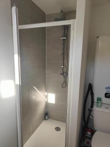 a shower with a glass door in a bathroom at L'Escale in Penvénan