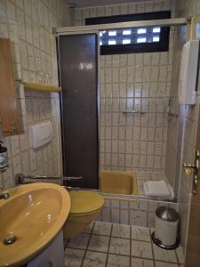 a bathroom with a sink and a toilet and a tub at Fewo Amber in Heimbach