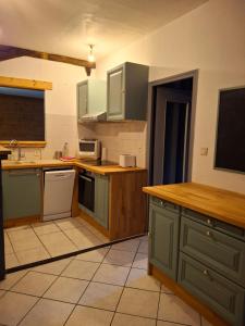 a kitchen with green cabinets and a tv in it at le sans soucis in Bellevaux