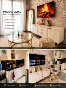 a collage of two pictures of a living room with a table at KHomes Luxury Bed & Breakfast in Nairobi