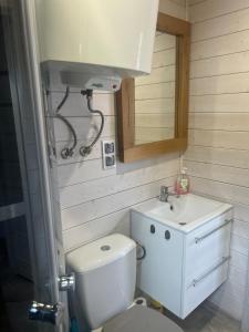 a small bathroom with a toilet and a sink at Domek nad jeziorem Kamień in Kowalewo +33 photos