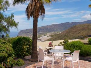 a patio with a table and chairs and a palm tree at Bungalows El Paradiso in Tazacorte