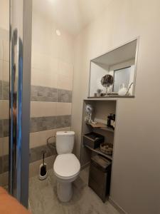 a bathroom with a white toilet and a mirror at Gala Kambaris in Myza Bene