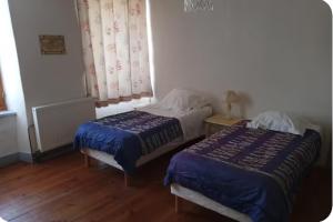 a bedroom with two beds and a window with curtains at Maison de village commingeoise in Miramont-de-Comminges