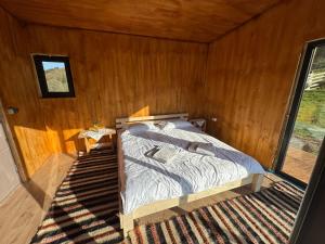 a bedroom with a bed in a wooden room at Glamping - Casuta Zen Fiad in Romuli
