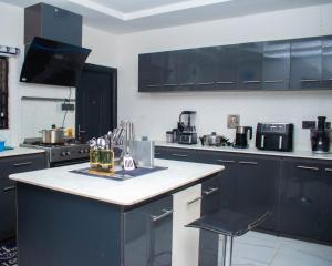 a kitchen with black cabinets and a white counter top at Isuki apartment in Benin City +9 photos