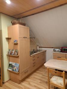a kitchen with a sink and a counter top at Blick zum See in Laasow