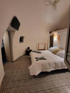 a bedroom with a large white bed and a television at Lodgegarden in Aït Bounnit