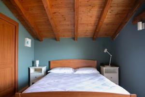 a bedroom with a bed with blue walls and wooden ceilings at Lake Iseo View Retreat - Quiet & Nature in Fonteno