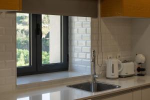 a kitchen counter with a sink and a window at Casa do Formão in Amarante +22 photos