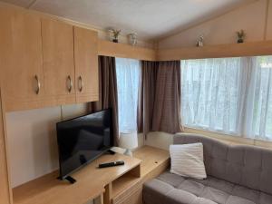 a living room with a couch and a flat screen tv at Seaside Getaways Caravan Hire in Chapel Saint Leonards