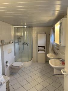 a bathroom with a shower and a toilet and a sink at Ferienhaus Husum Nordsee in Husum +34 photos