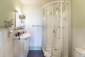 a bathroom with a shower and a sink at Logis Hôtel Restaurant Cristal in Saumur