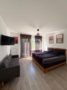 a bedroom with a bed and a couch and a tv at City-Apartment Leimbach in Siegen