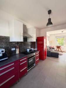 a kitchen with red cabinets and a red refrigerator at City-Apartment Leimbach in Siegen