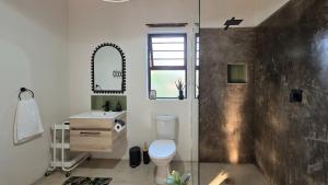 a bathroom with a toilet and a sink and a shower at Khaya Kwalata in Marloth Park +18 photos