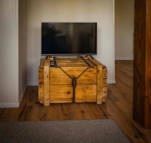 a television on top of a wooden chest in a room at De Parel van Pekel in Nieuwe Pekela