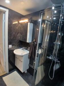 a bathroom with a shower and a sink and a toilet at Berghaga in Köping +20 photos