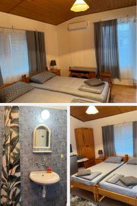 three pictures of a bedroom with two beds and a sink at Семейна къща Боеви in Pomorie