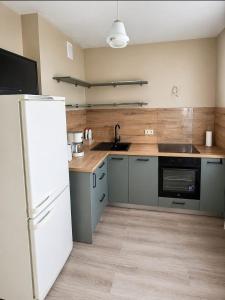 a kitchen with a white refrigerator and a sink at Viktorija Apartament in Liepāja