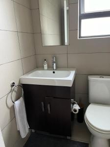 a bathroom with a sink and a toilet and a mirror at Dainfern Luxe Living - 2 Bed in Fourways +5 photos