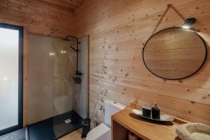 a bathroom with a toilet and a sink and a mirror at Recanto Terra Alta in São Roque do Pico