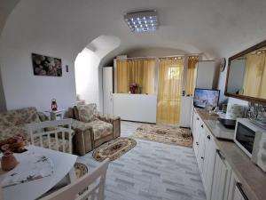a kitchen with a living room with a table and a kitchen at Ultracentral STUDIO Koket in Arad