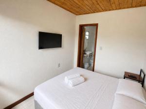 a bedroom with a bed and a television on the wall at Casa com 2 suítes em Lavras Novas in Ouro Preto