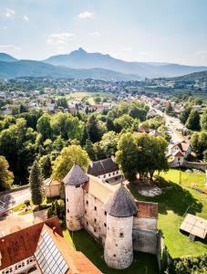 an aerial view of a village with towers and buildings at Apartment Sabljaci by the Lake in Ogulin