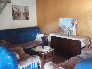 a living room with a blue couch and a sink at Vikendica Ivanović in Prisoja