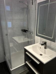 a bathroom with a shower and a sink and a shower at Staufen Stern in Oberstaufen +13 photos