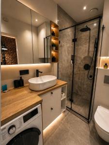 a bathroom with a shower and a sink and a washing machine at Brick Loft Nikiszowiec in Katowice