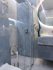 a bathroom with a shower and a sink and a toilet at KLIMKOWSKA osada in Klimkówka +10 photos
