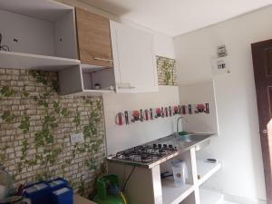 a kitchen with white cabinets and a stove top oven at Apartaestudio la Ísla in Estación El Salto