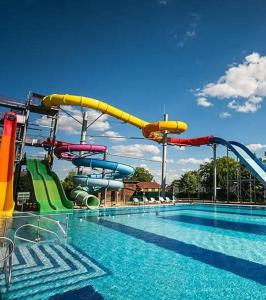 a pool with a water park with a water slide at Kincsem Vendégház in Tiszakécske