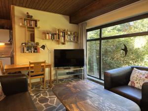 a living room with a large window and a television at Apartment Manderscheid near Castle Ruins in Manderscheid